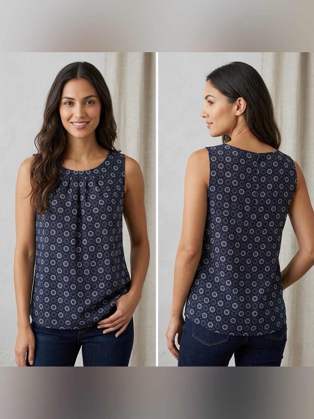 Loft Women’s Navy Sleeveless Geometric Print Shell Blouse Top Size Large